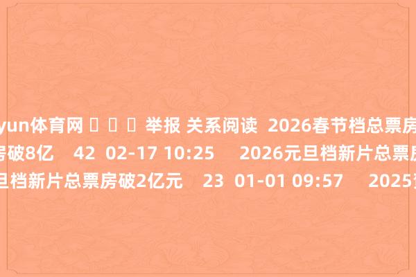 开yun体育网 ​​​举报 关系阅读  2026春节档总票房破8亿2026春节档总票房破8亿    42  02-17 10:25     2026元旦档新片总票房破2亿元2026元旦档新片总票房破2亿元    23  01-01 09:57     2025贺岁档总票房破45亿2025贺岁档总票房破45亿    20  2025-12-21 18:06     电影《浪漫动物城2》干与2025年度票房前2名电影《浪漫动物城2》干与2025年度票房前2名    37  2025-12-18 09:59     2025贺岁档电影票房破20亿2025贺岁档电影票房破20亿    19  2025-12-03 12:46     一财最热      点击关闭-开云·kaiyun(中国)官方网站 登录入口